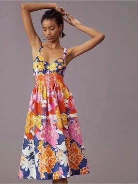 Anthropologie Maeve Multicolor Floral Midi Dress in Pink, Orange & Blue